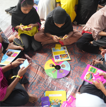 Girls playing with spinning wheel cards